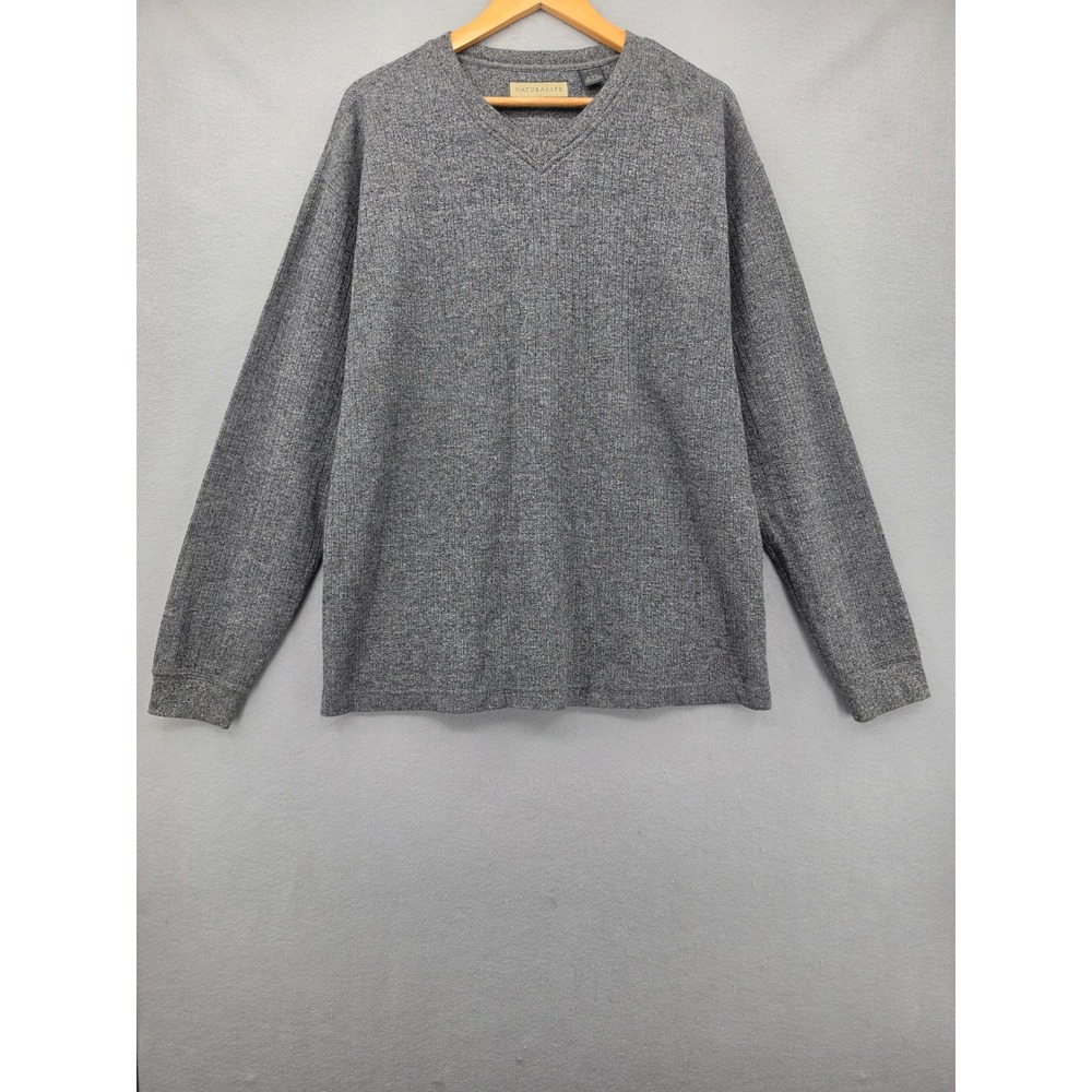 Naturalife Mens Gray Cotton V-Neck Sweater Size L Long Sleeve Knit Marled Soft